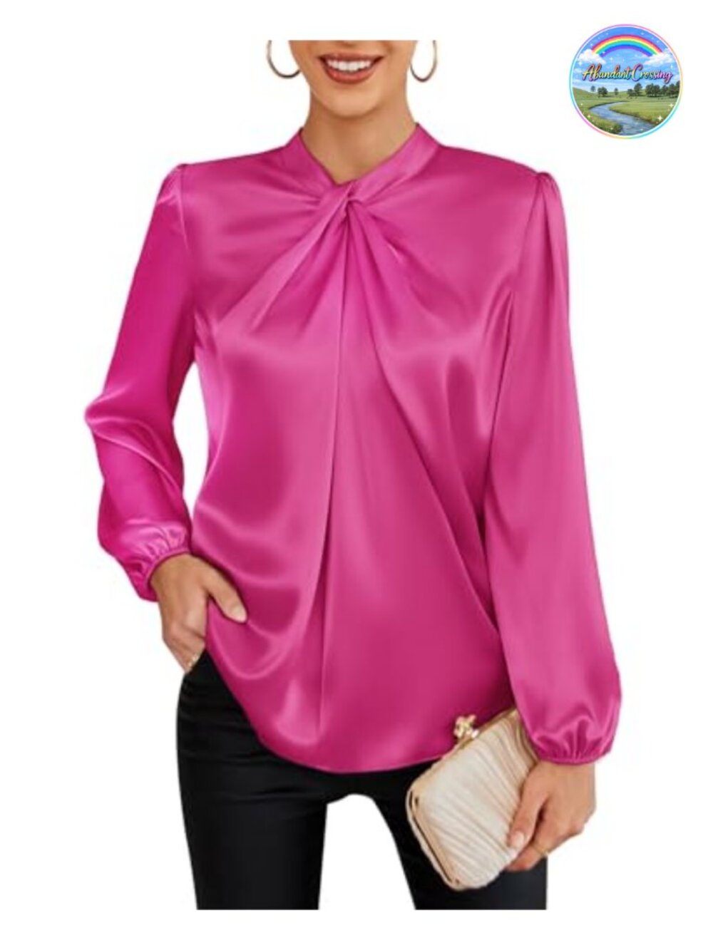 Satin Blouse Mock Neck Lantern Sleeve Business Casual Top for Women